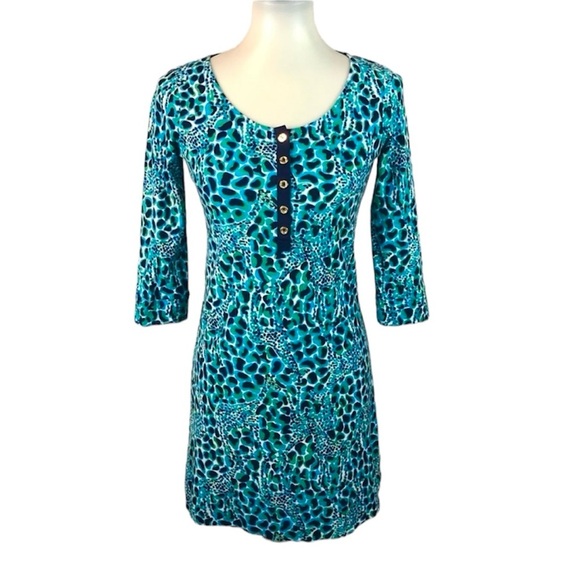 Lilly Pulitzer Cotton Caila Dress Gigi Henley Button Cyan Blue Giraffe Spotted - Picture 1 of 10